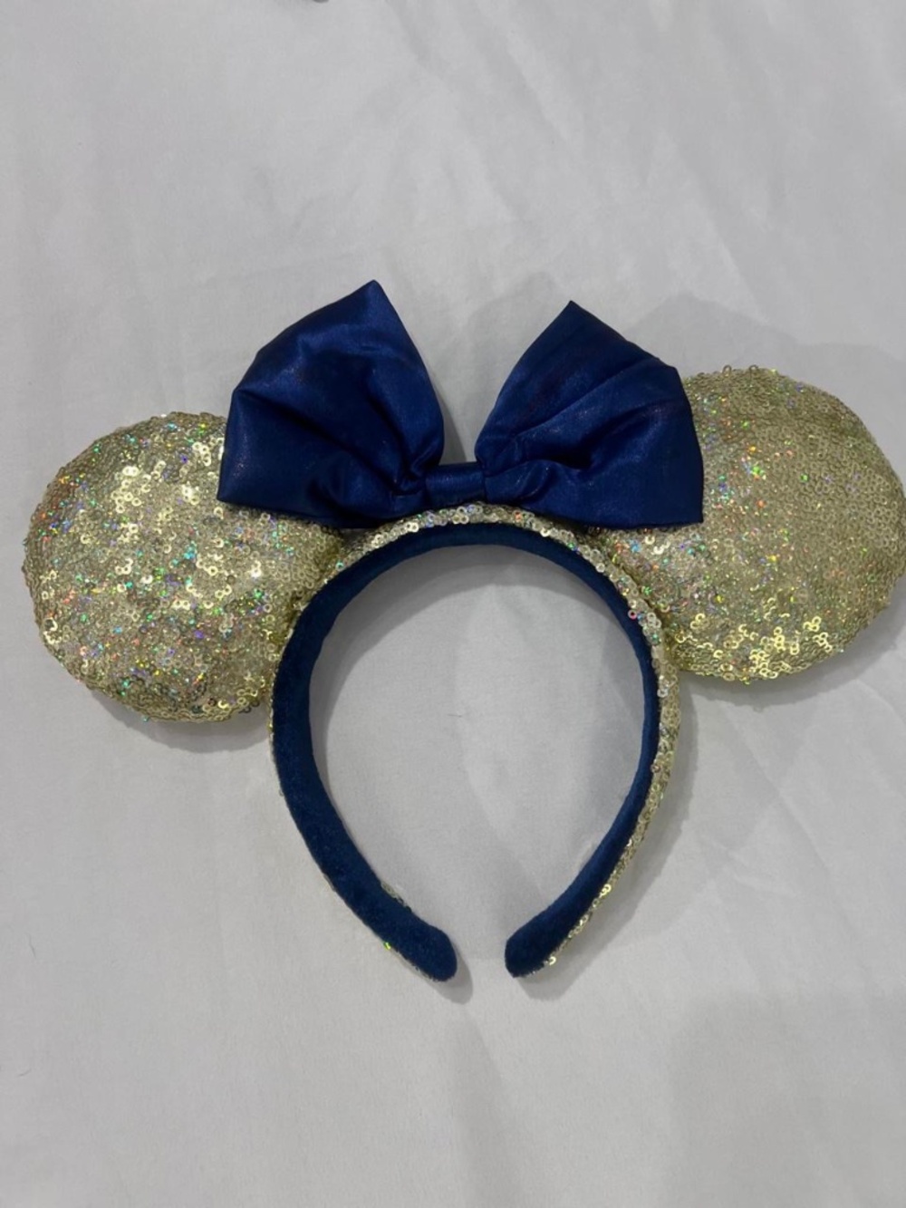 Disney Parks Walt Disney World 50th Anniversary Gold Sequin Minnie Ears Navy Bow